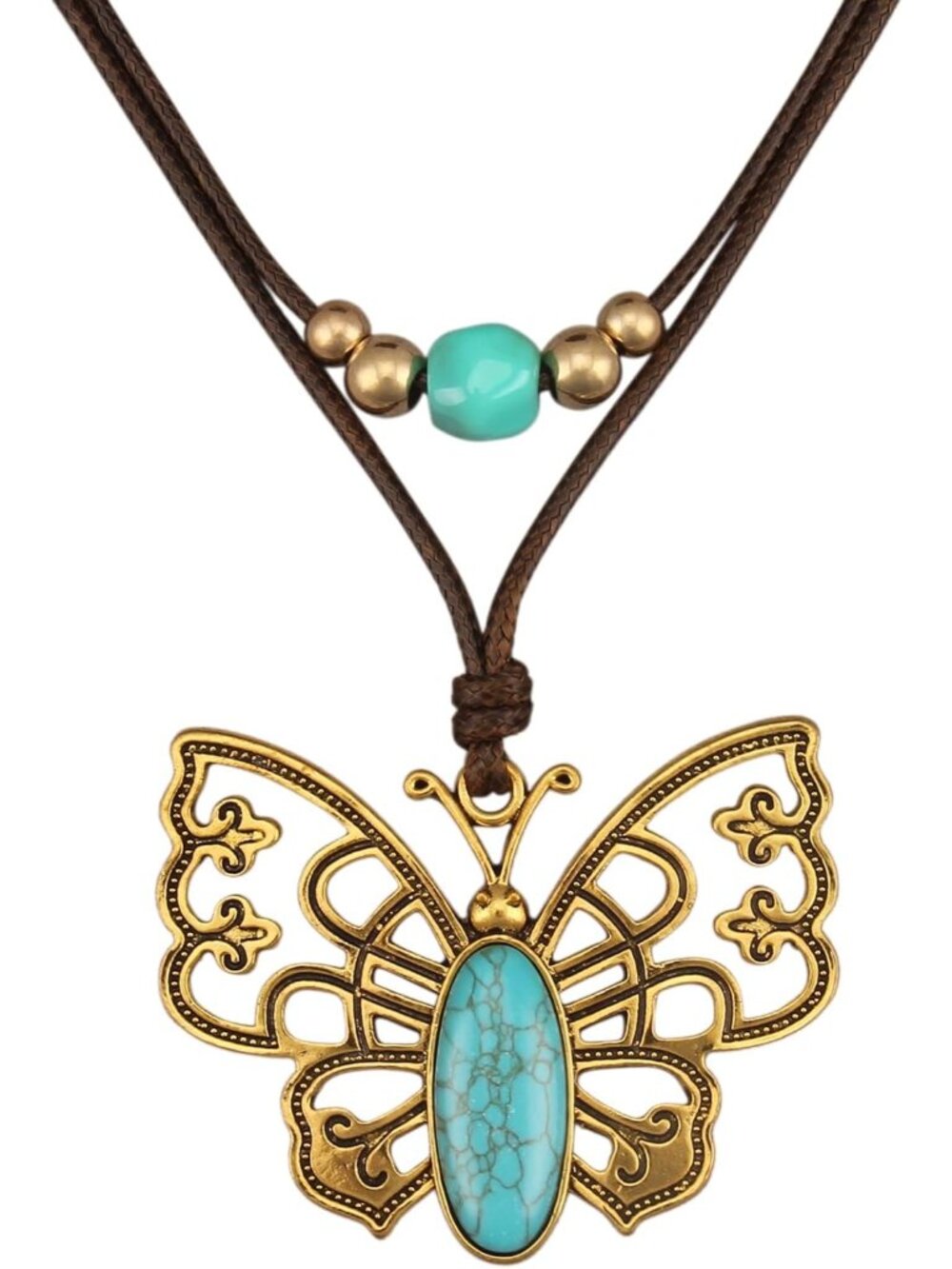 Women's Butterfly Pendant Necklace Boho Turquoise Stone Gold Long Cord Item